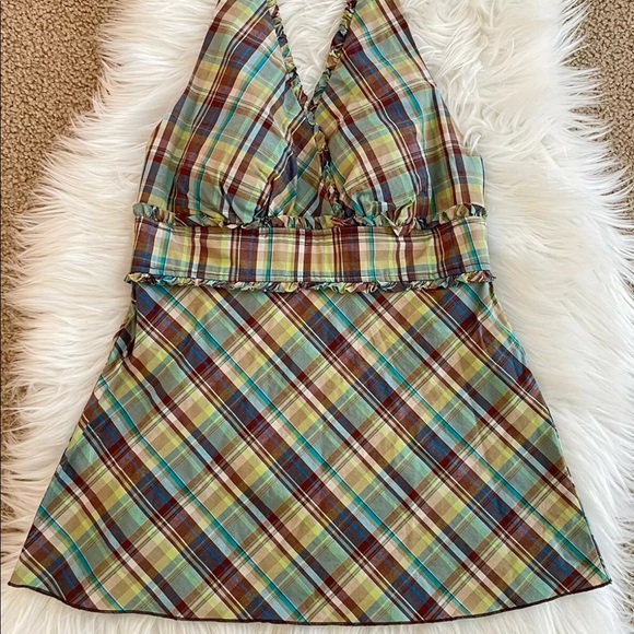 Iz Byer Tops - y2k plaid halter top fairy indie green brown womens medium padded